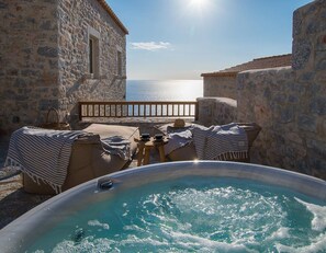 Outdoor spa tub - Villa Aetheron, Divine Sea Views, Private Hot Tub, Furnished Terrace, Shared. (Peloponnese)