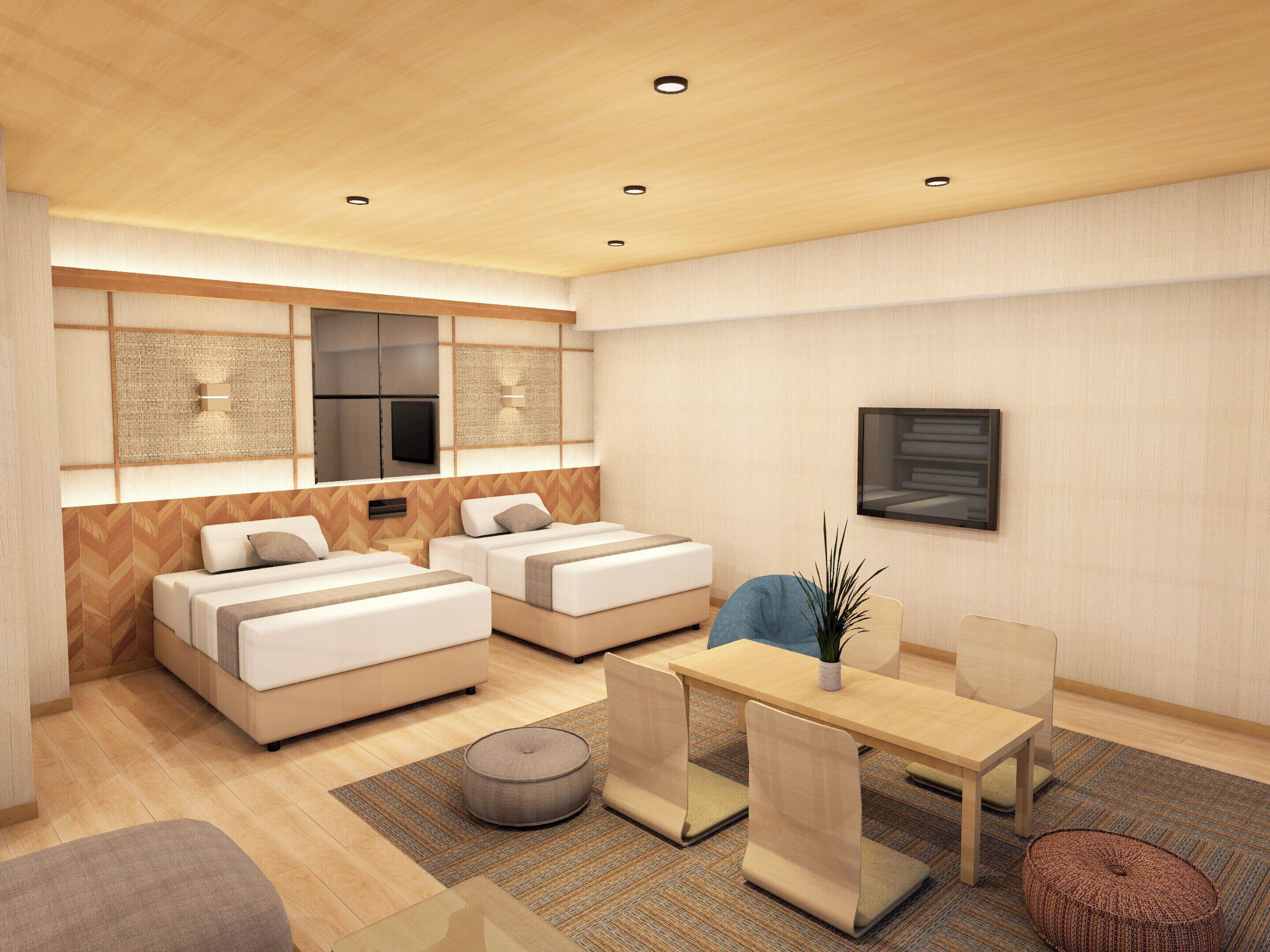 A modern hotel room with two beds, a desk, and a chair.
