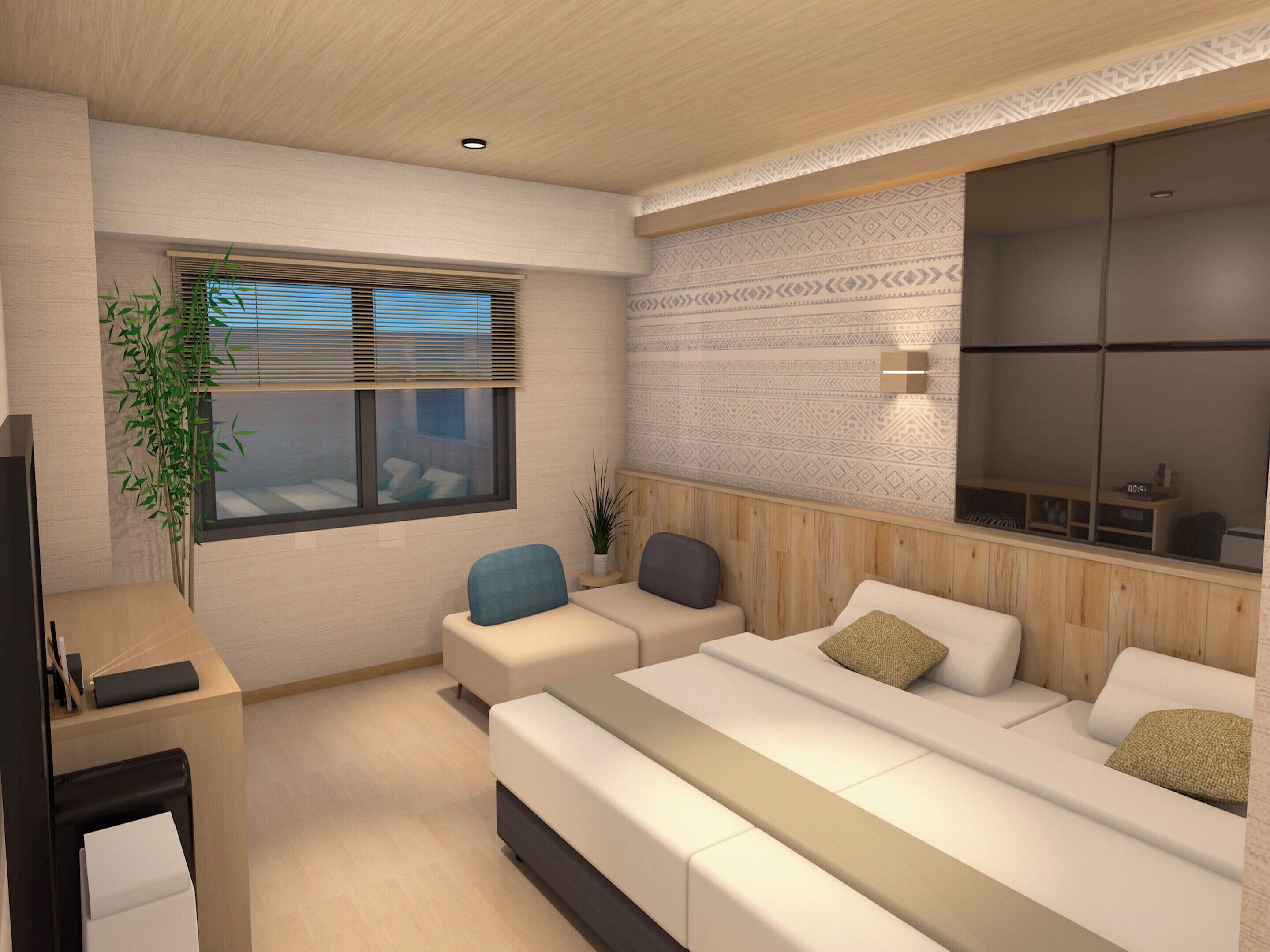 A modern hotel room with a large bed, a desk, a window with blinds, and a patterned wall.