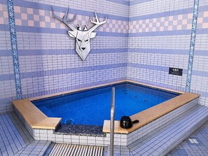 A swimming pool with a wooden deck and a decorative wall-mounted deer head. - Livemax Resort Mihara Sea Front (Mihara)