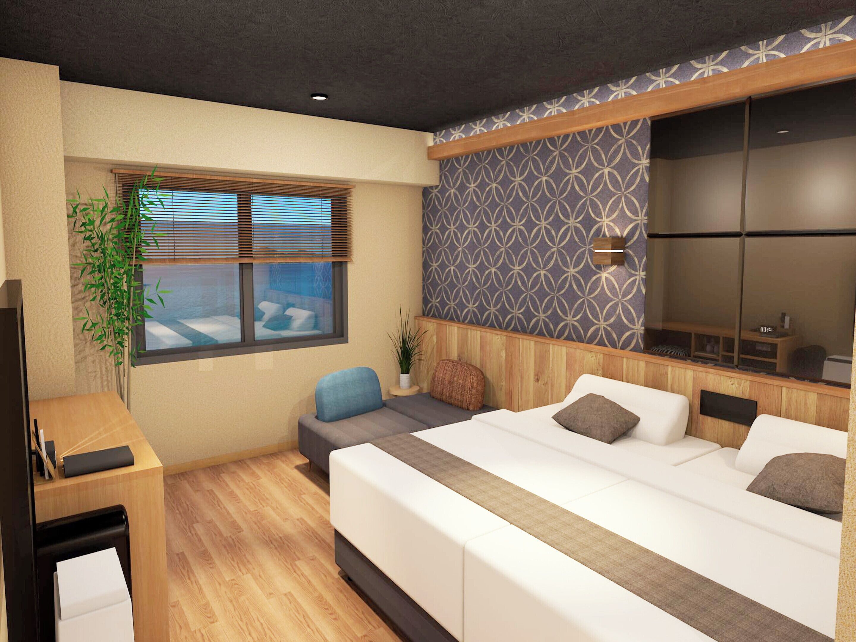 A modern bedroom with a bed, a desk, a window with blinds, a patterned wall, and a mirror.