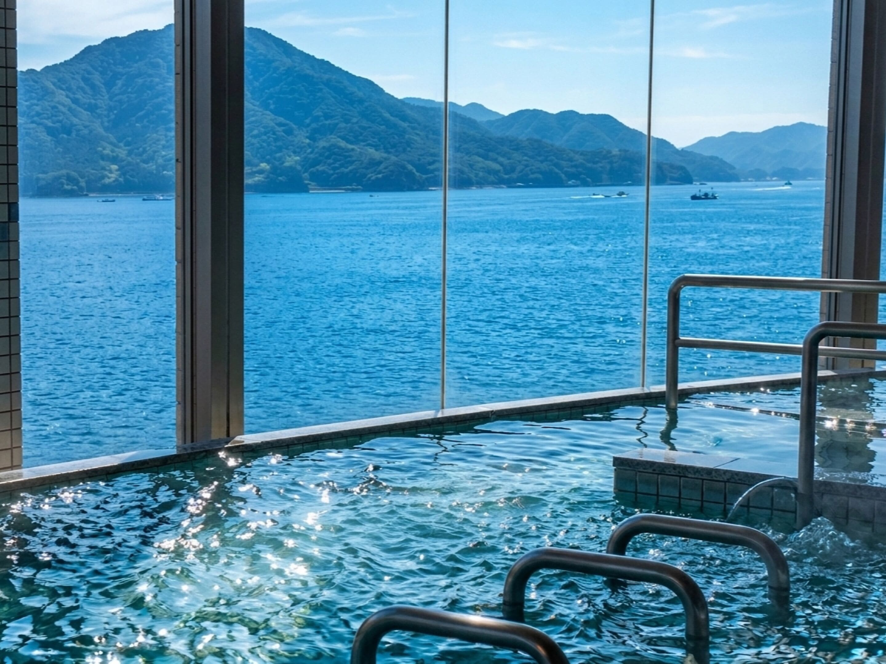Una piscina infinità interior amb vista a la costa muntanyosa.