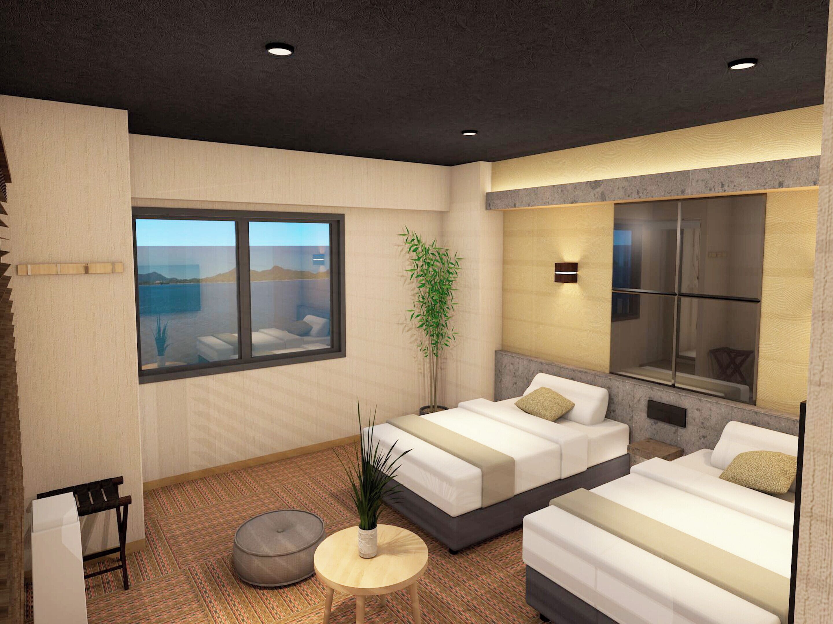 A modern bedroom with two beds, a large window with a view, a small round table, and a potted plant.