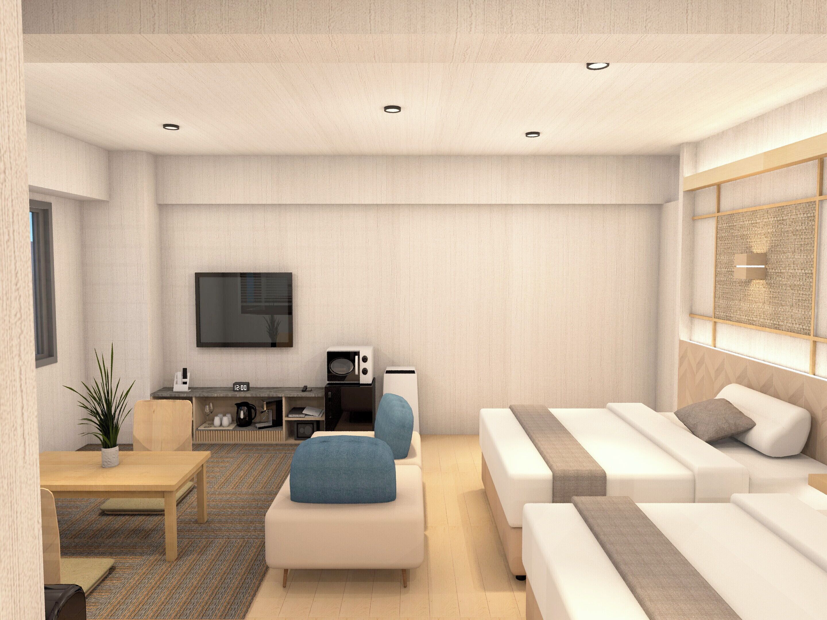 A modern hotel room with a sofa, a coffee table, a TV, a microwave, and a small kitchen area.
