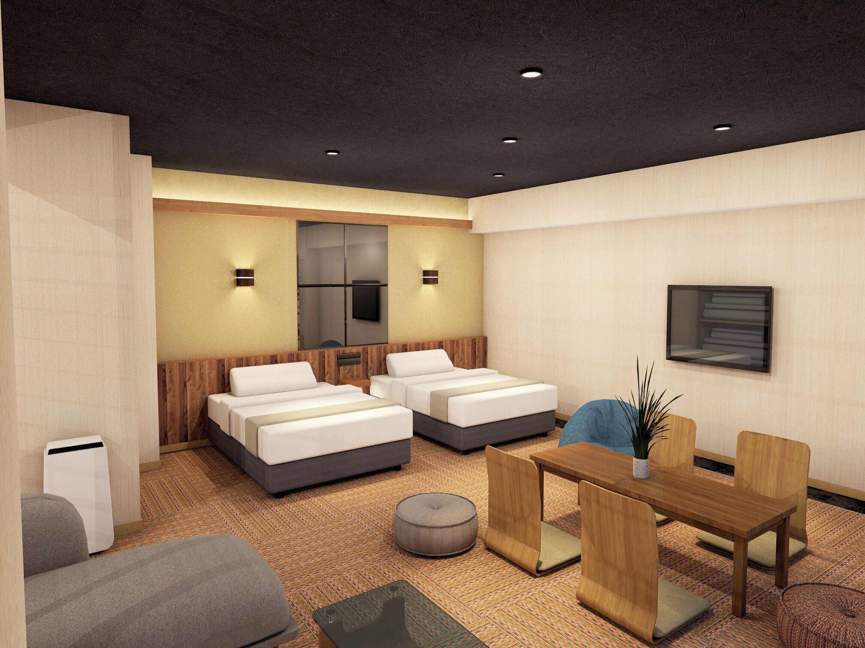 A modern hotel room with a sofa, two beds, a wooden table, and a TV mounted on the wall.