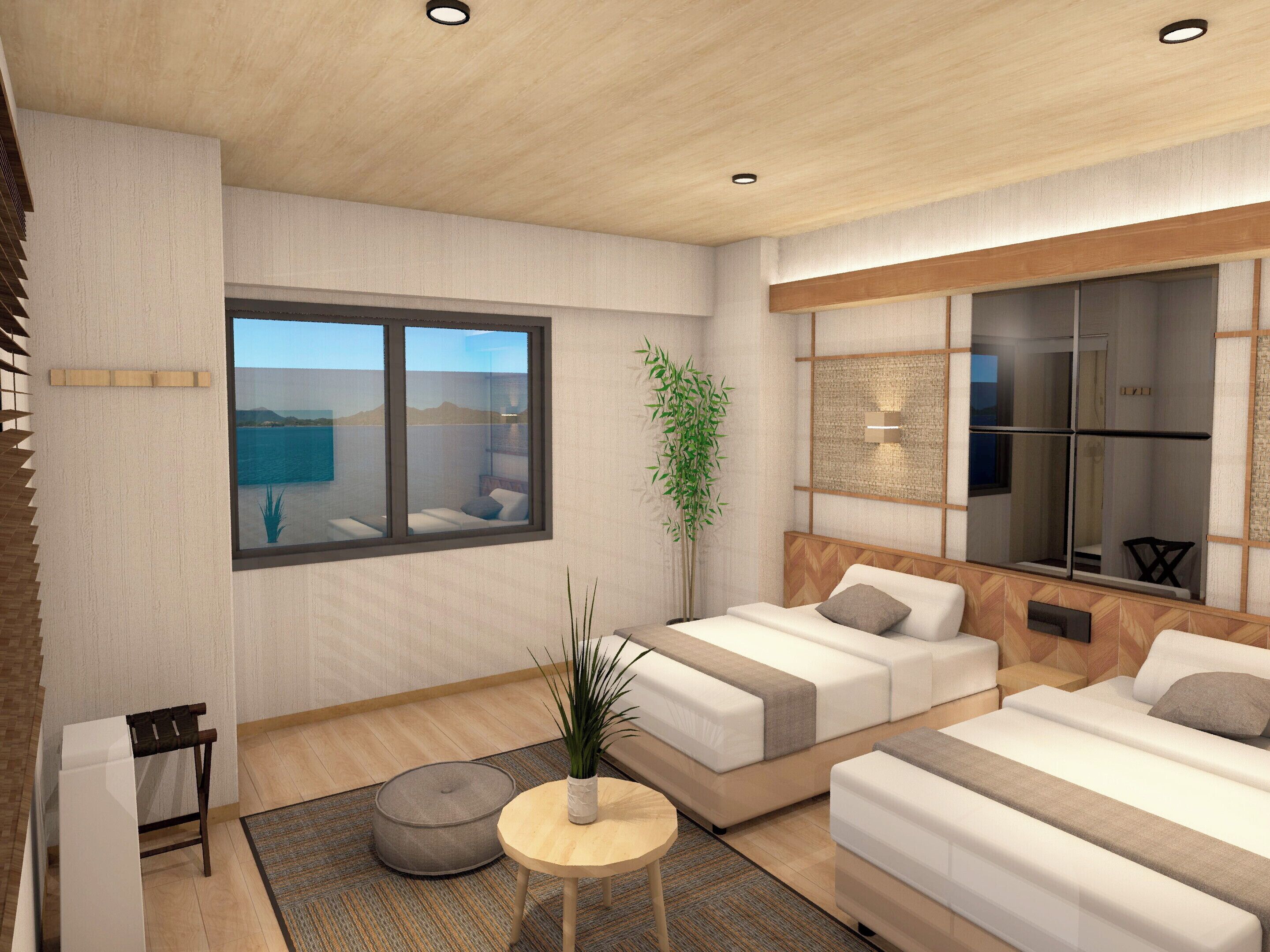 A modern hotel room with a large window, a bed, a small table, and a plant.
