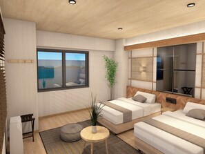 A modern hotel room with a large window, a bed, a small table, and a plant. - Livemax Resort Mihara Sea Front (Mihara)