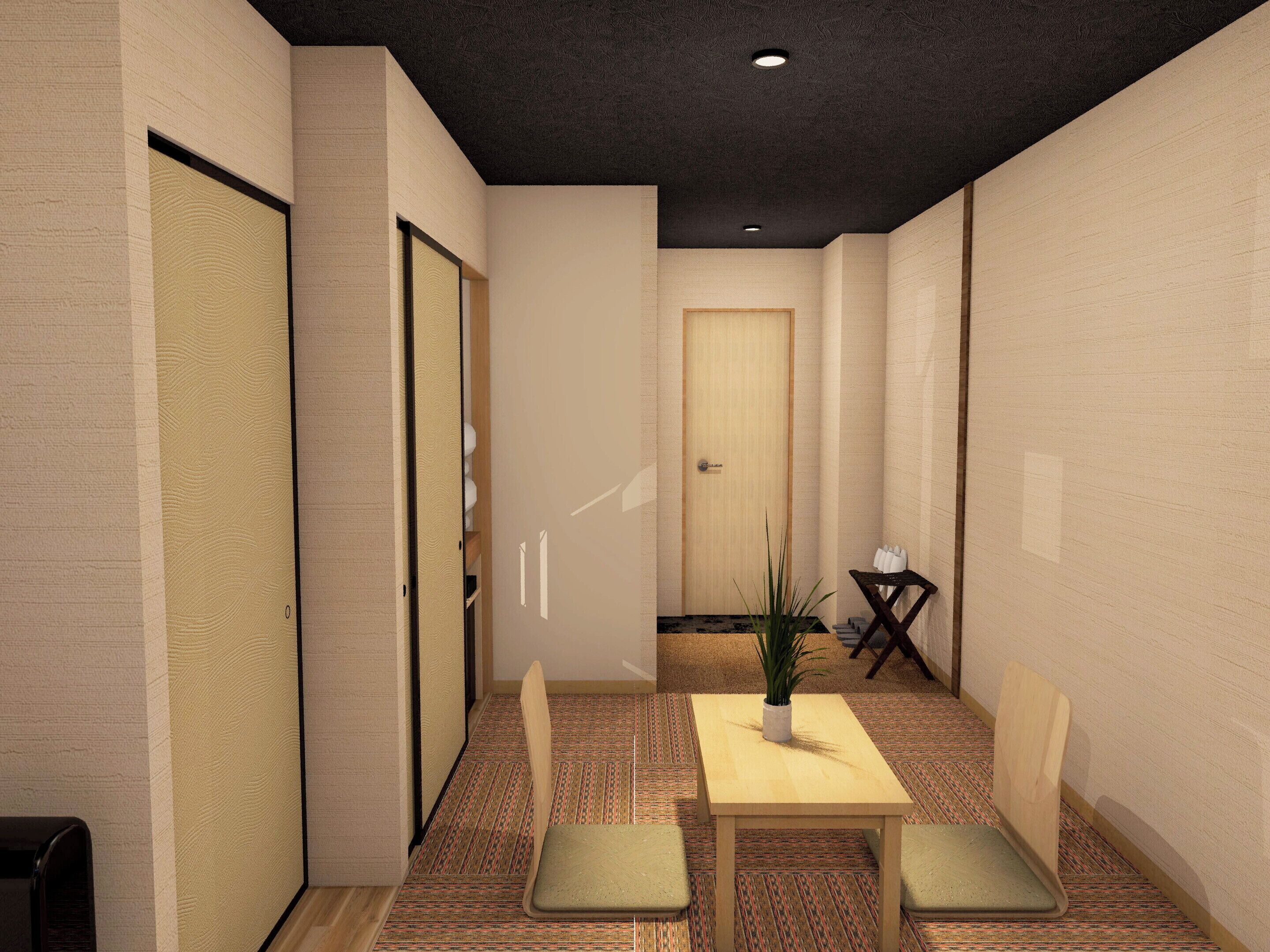 A conference room with a wooden table, chairs, a potted plant, and a door.