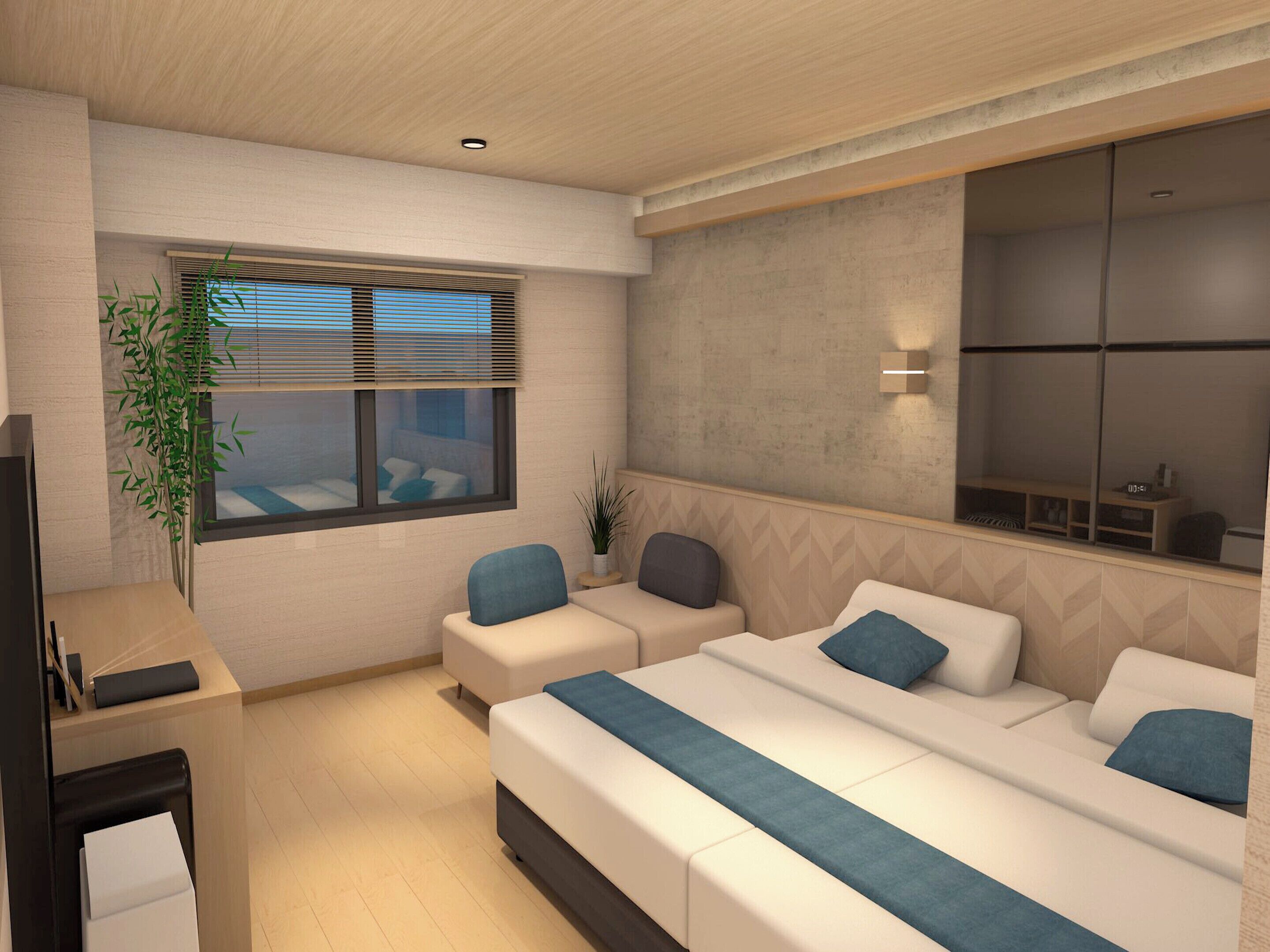 A modern hotel room with a bed, two seating areas, a desk, a television, and a window with blinds.