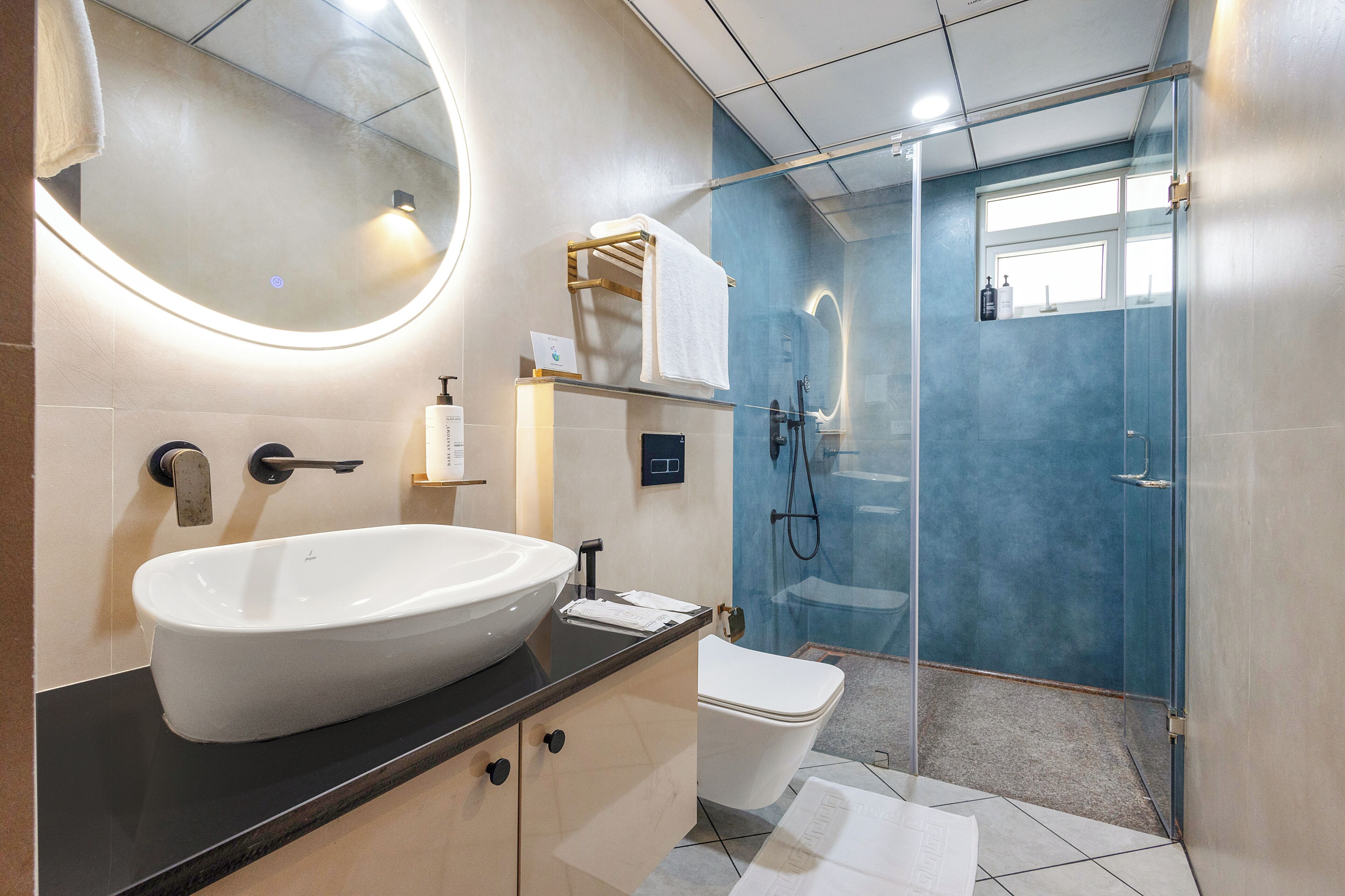 A modern bathroom with a large oval sink, a toilet, a glass-enclosed shower, and a mirror with a circular light.