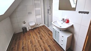 A modern bathroom with a shower, toilet, and sink. - Ferienhaus in Wendorf am Seenland (Kuhlen-Wendorf)