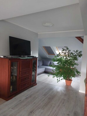 Un salon moderne avec un téléviseur à écran plat, un meuble en bois, un canapé gris et une plante en pot.