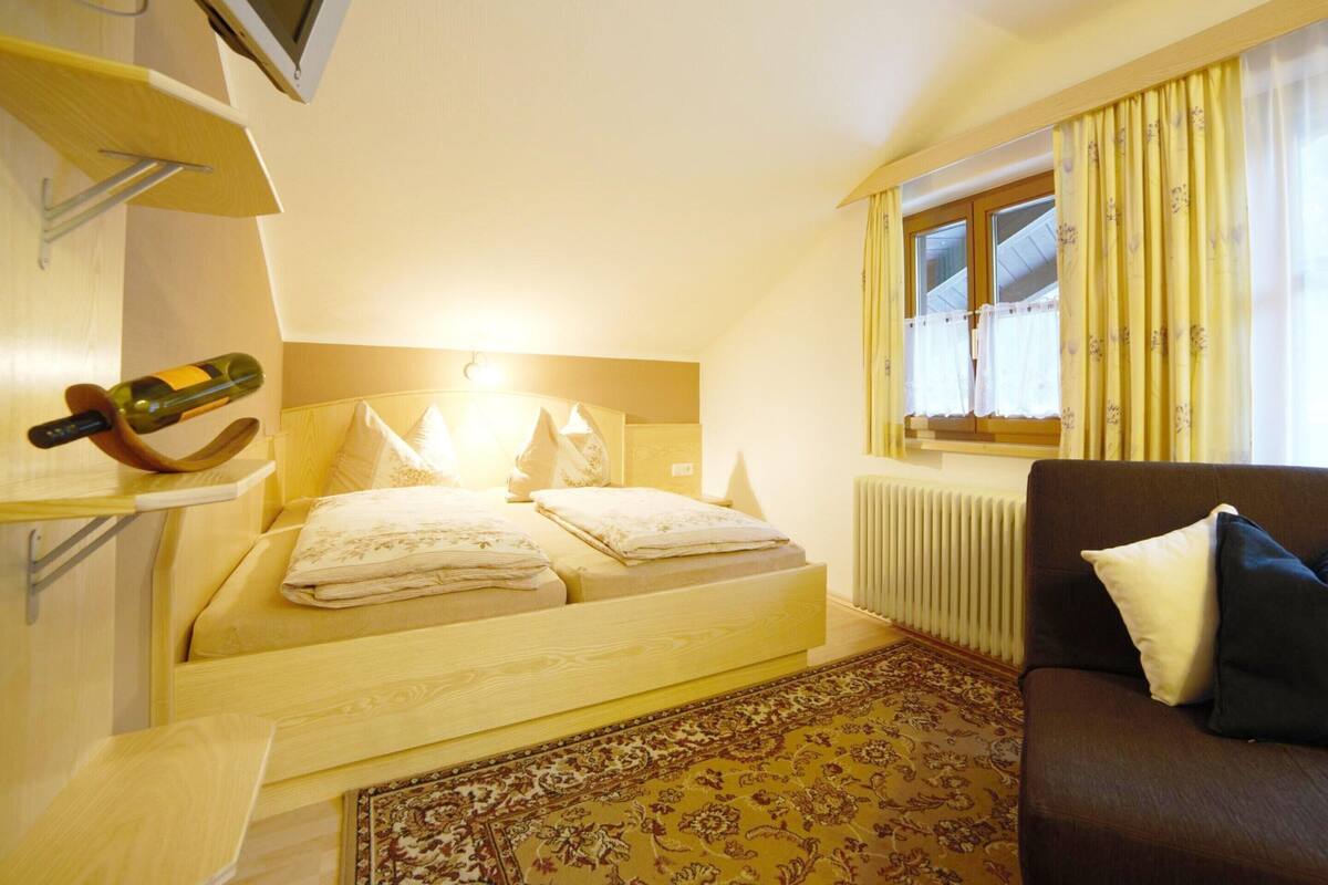 Une chambre à coucher avec un lit, une télévision, un radiateur, une fenêtre avec des rideaux et un canapé.