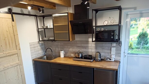 A modern kitchen with a wooden countertop, stainless steel appliances, and a view of greenery outside. - Holiday Home, Sauna, Jacuzzi, air Conditioning (gmina Sianów)