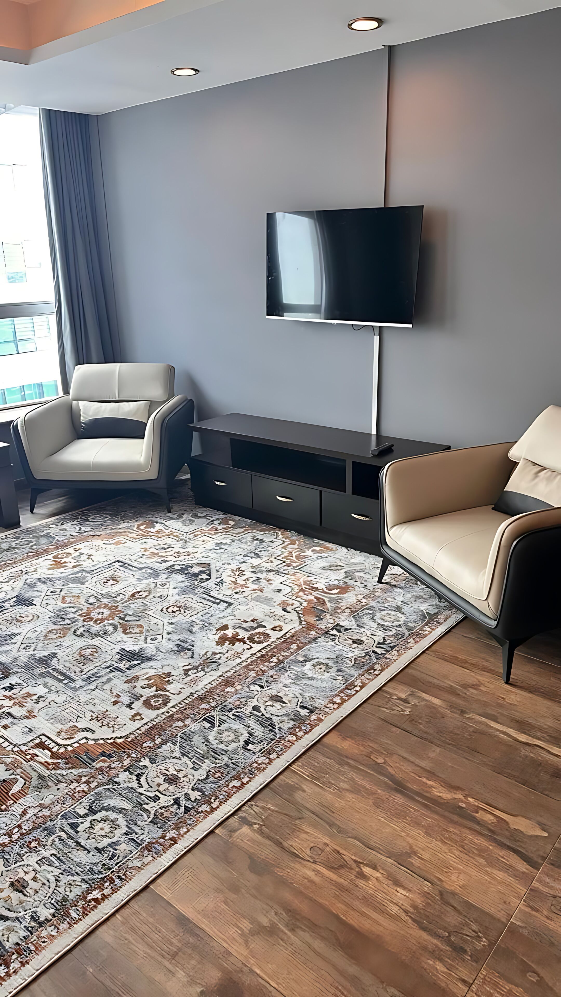 A modern living room with a flat-screen TV, two sofas, a patterned rug, and a wooden floor.