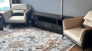 A modern living room with a flat-screen TV, two sofas, a patterned rug, and a wooden floor.