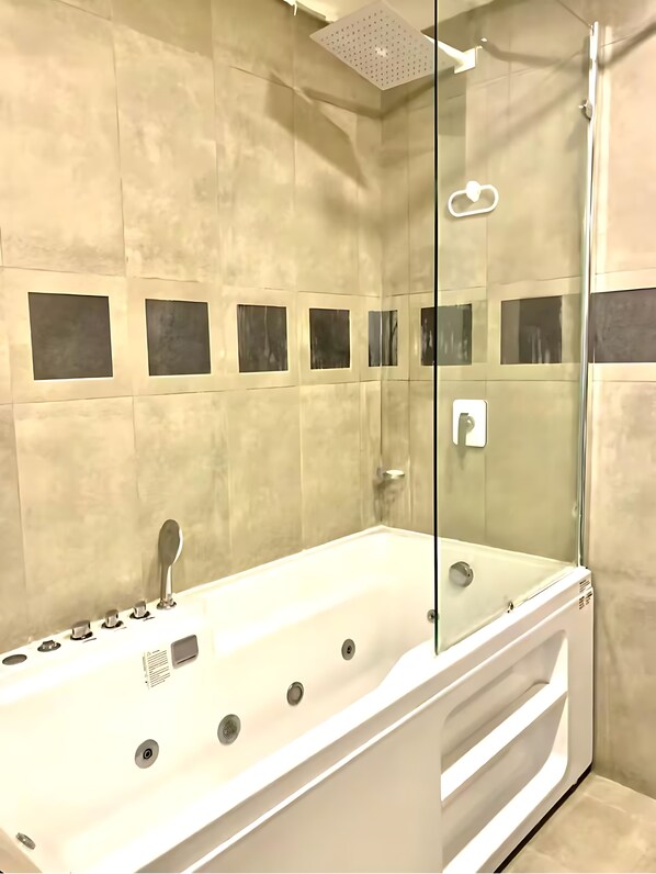 Combined shower/tub, hair dryer, towels, soap