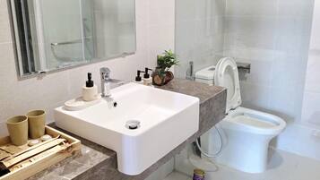 Shower, hair dryer, bidet, towels