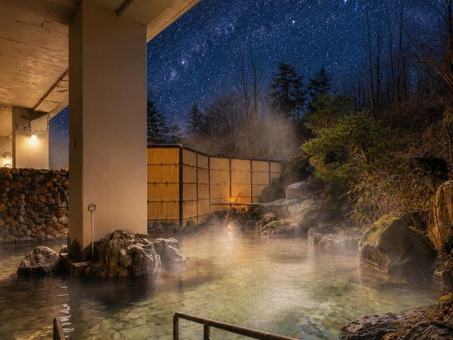 A hot spring area with a stone wall, wooden structure, and a starry night sky.
