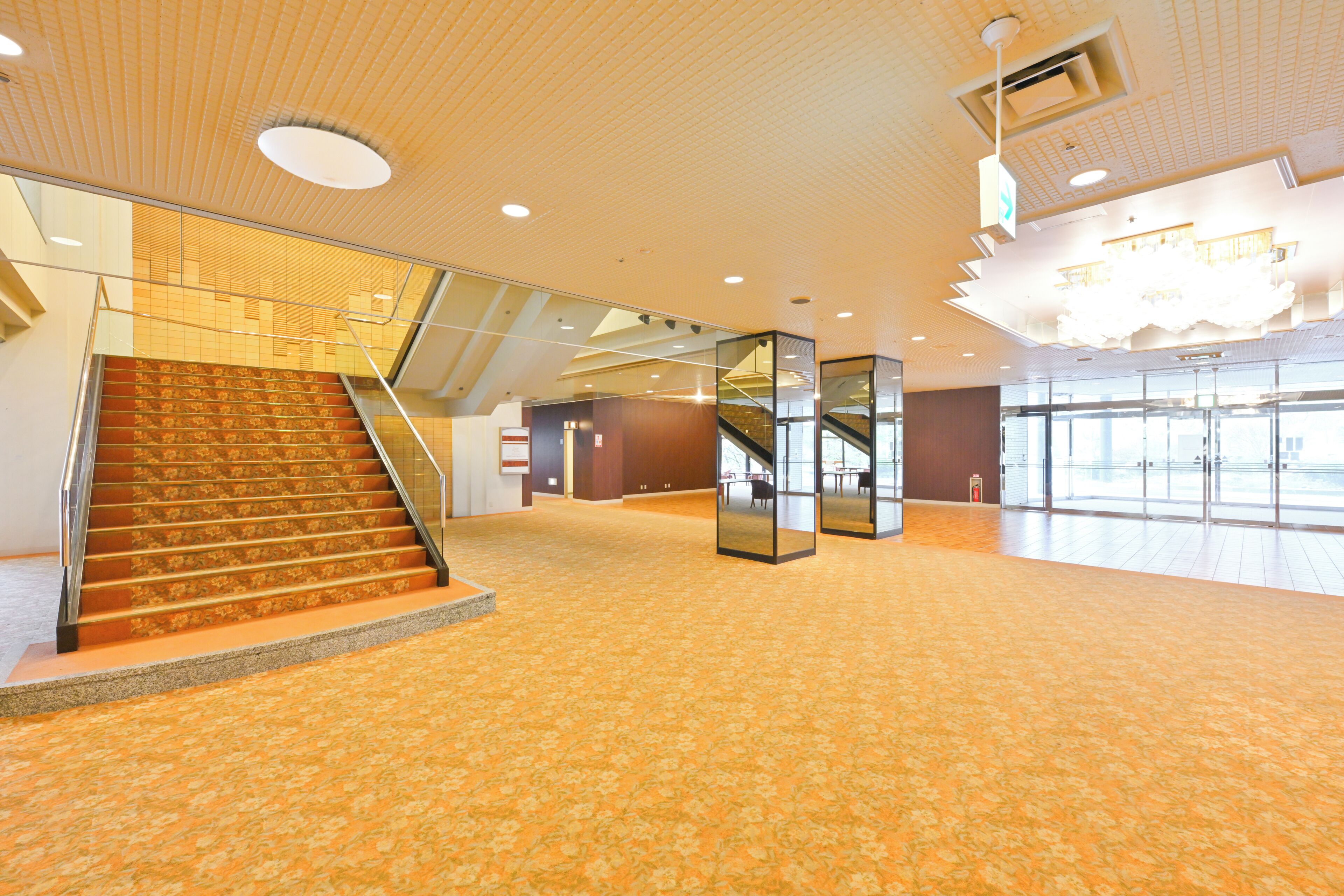 A spacious interior with a carpeted floor, a staircase, and a glass elevator.