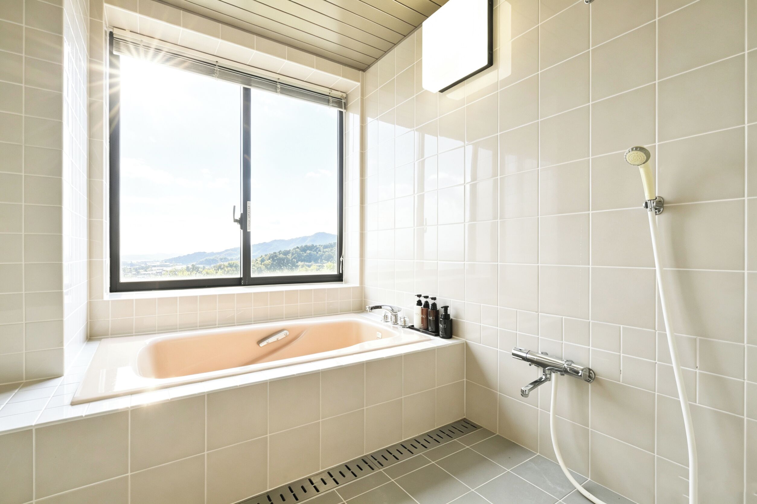 Un baño con bañera, ventana y ducha.