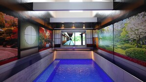 An indoor swimming pool with a view of a garden through a large window.