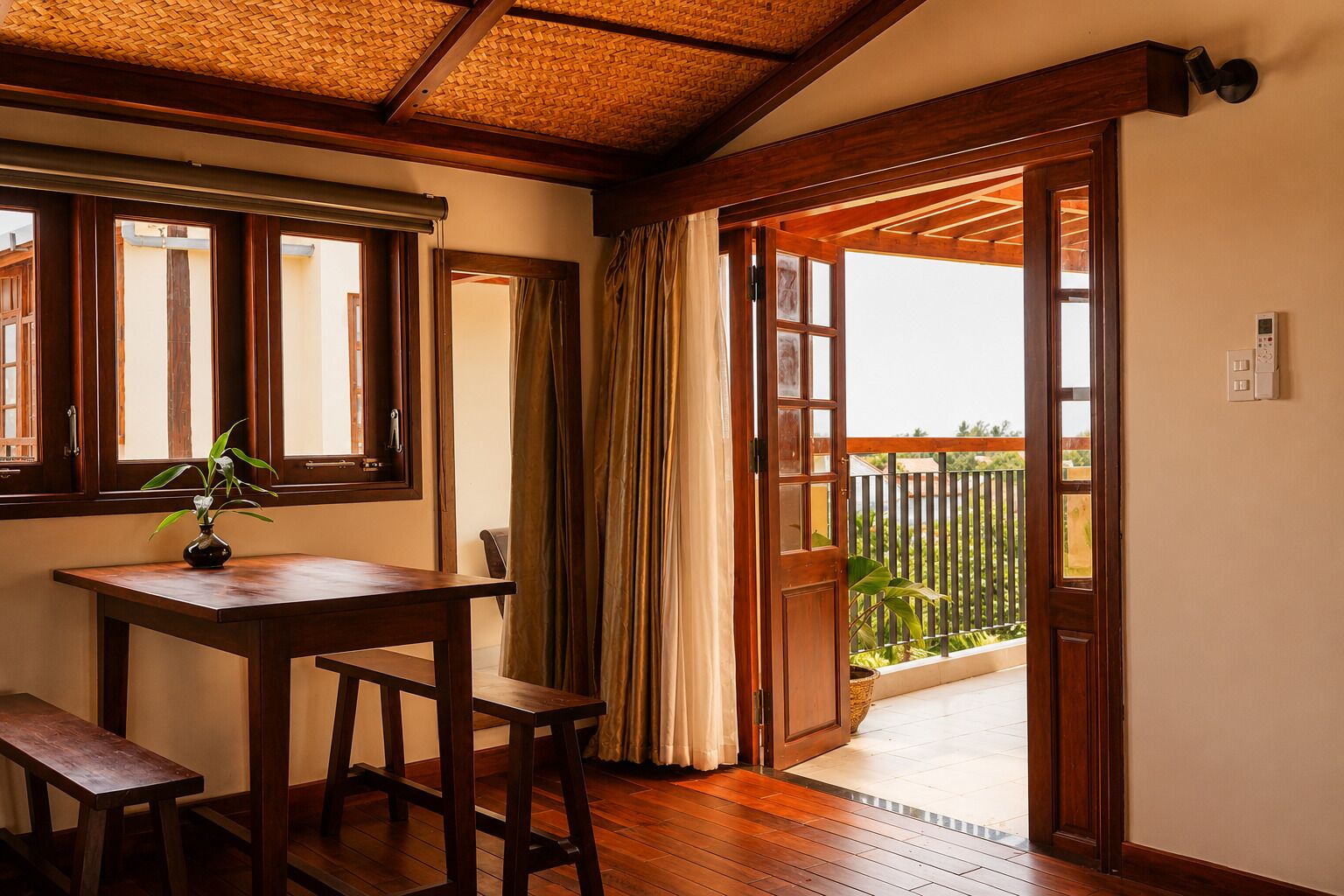 Una habitación con una mesa de madera, una planta en maceta y vistas a un balcón con barandilla.