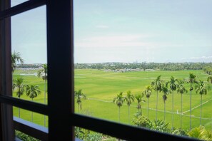 A view through a window of a green field with palm trees and a distant cityscape. - Sola Hoi An (Da Nang Municipality)