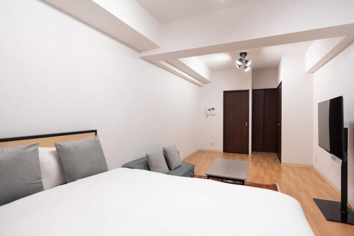 A modern hotel room with a bed, a sofa, a TV, and a ceiling light.