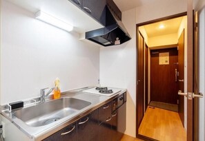 Cocina compacta con un lavamanos de acero inoxidable, estufa y campana extractora negra.