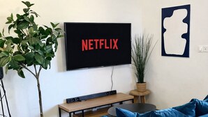 A living room with a blue sofa, a wicker chair, a flat-screen TV displaying 'NETFLIX,' a small table, and a potted plant. - T3 modern terrace + parking - Marseille 9e (Marseille)