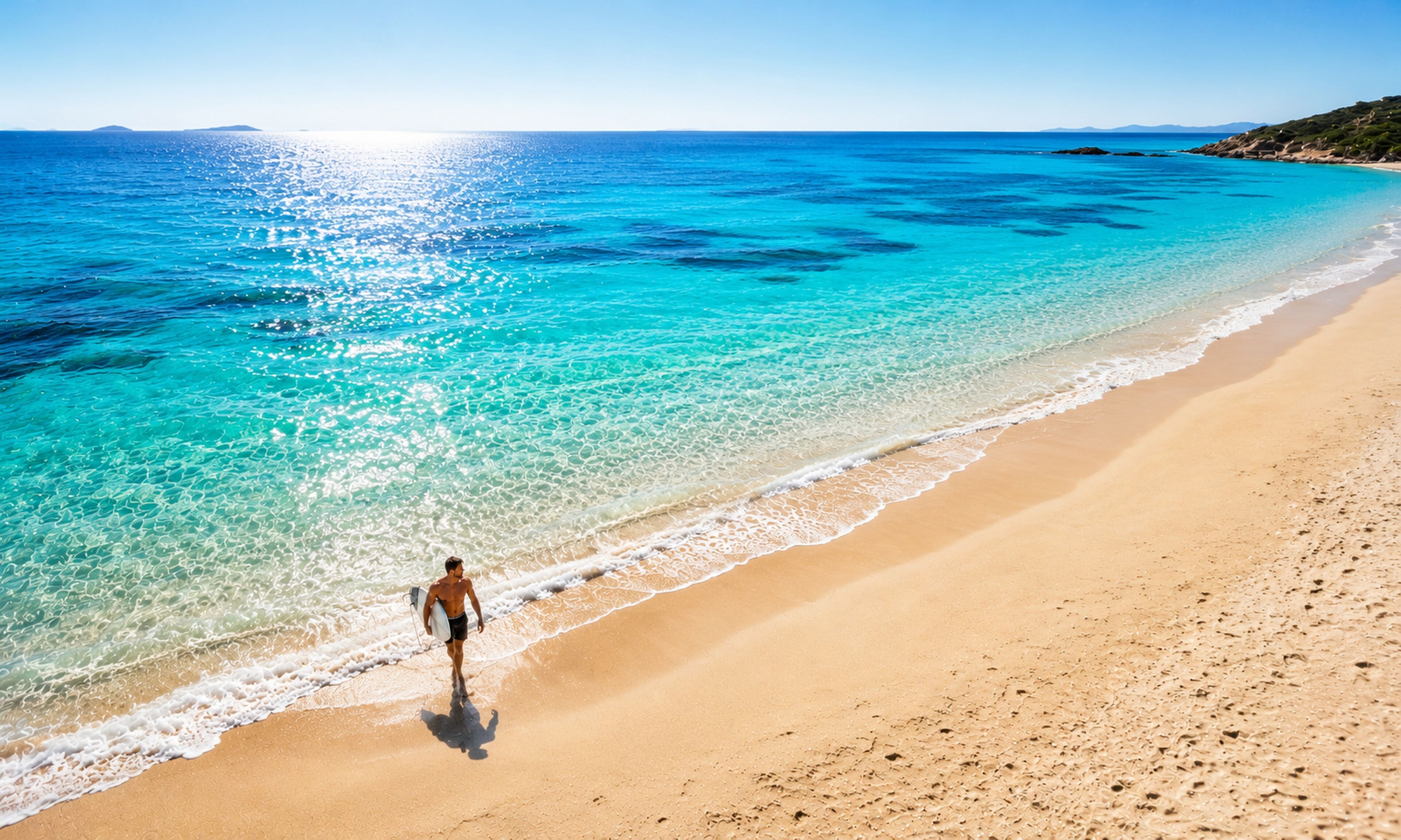 On the beach, white sand, beach towels, 2 beach bars