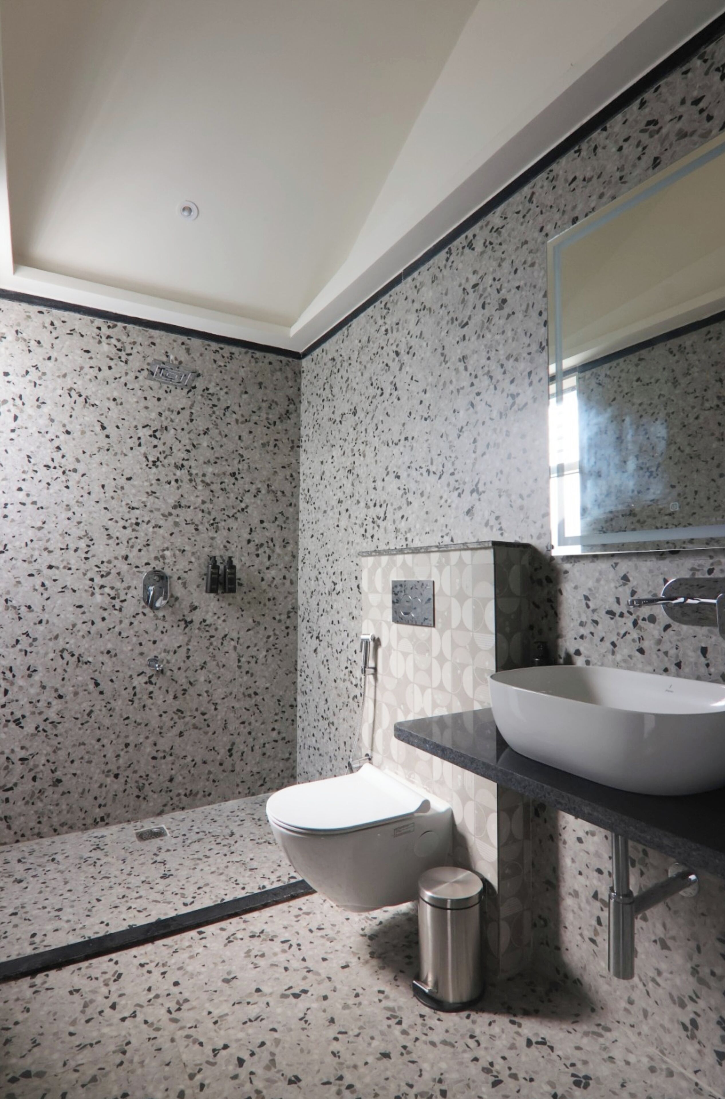Shower, rainfall showerhead, slippers, towels