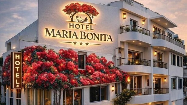 Un edificio de hotel de varios pisos con un letrero destacado que dice 'Hotel Maria Bonita'.