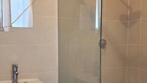 A bathroom with a glass-enclosed shower, a pedestal sink, and a mirror.