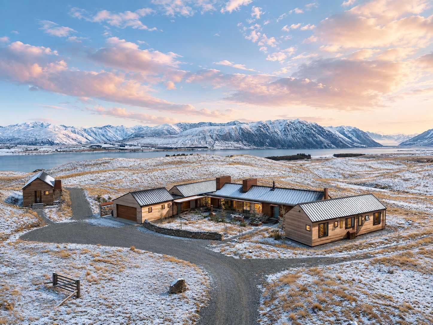 A wooden cabin complex with a view of snow-covered mountains and a lake.