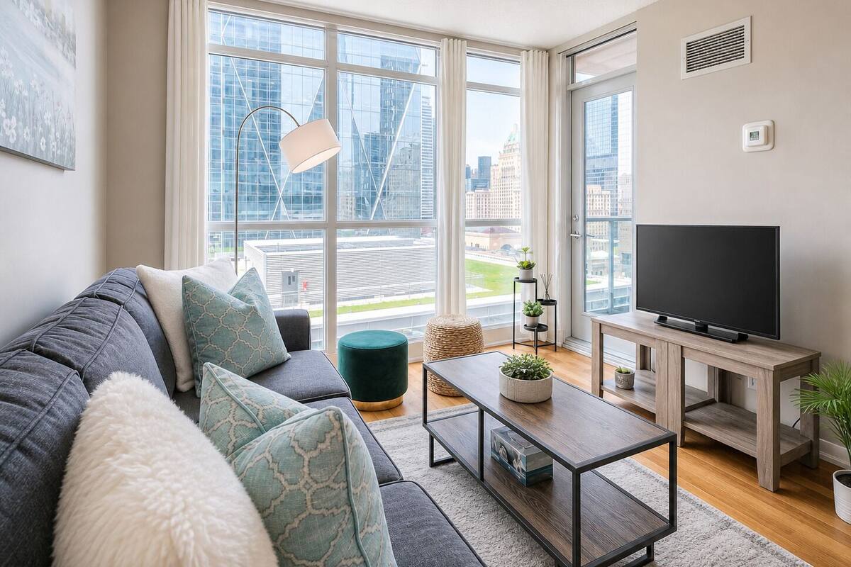 Una sala de estar moderna con sofá, mesa de centro, televisor y ventanas amplias con vista a la ciudad.