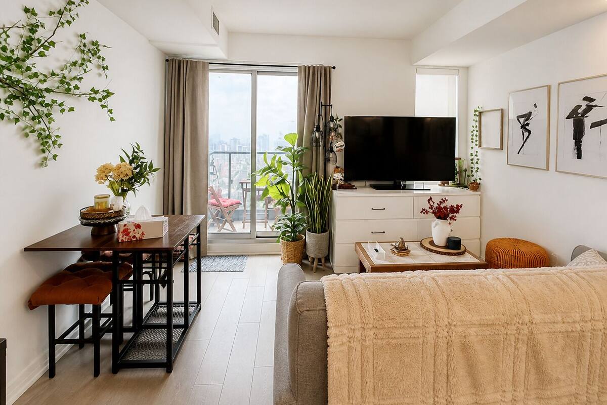 Una sala moderna con sofá, una mesa de comedor, televisor y un balcón con vistas a la ciudad.