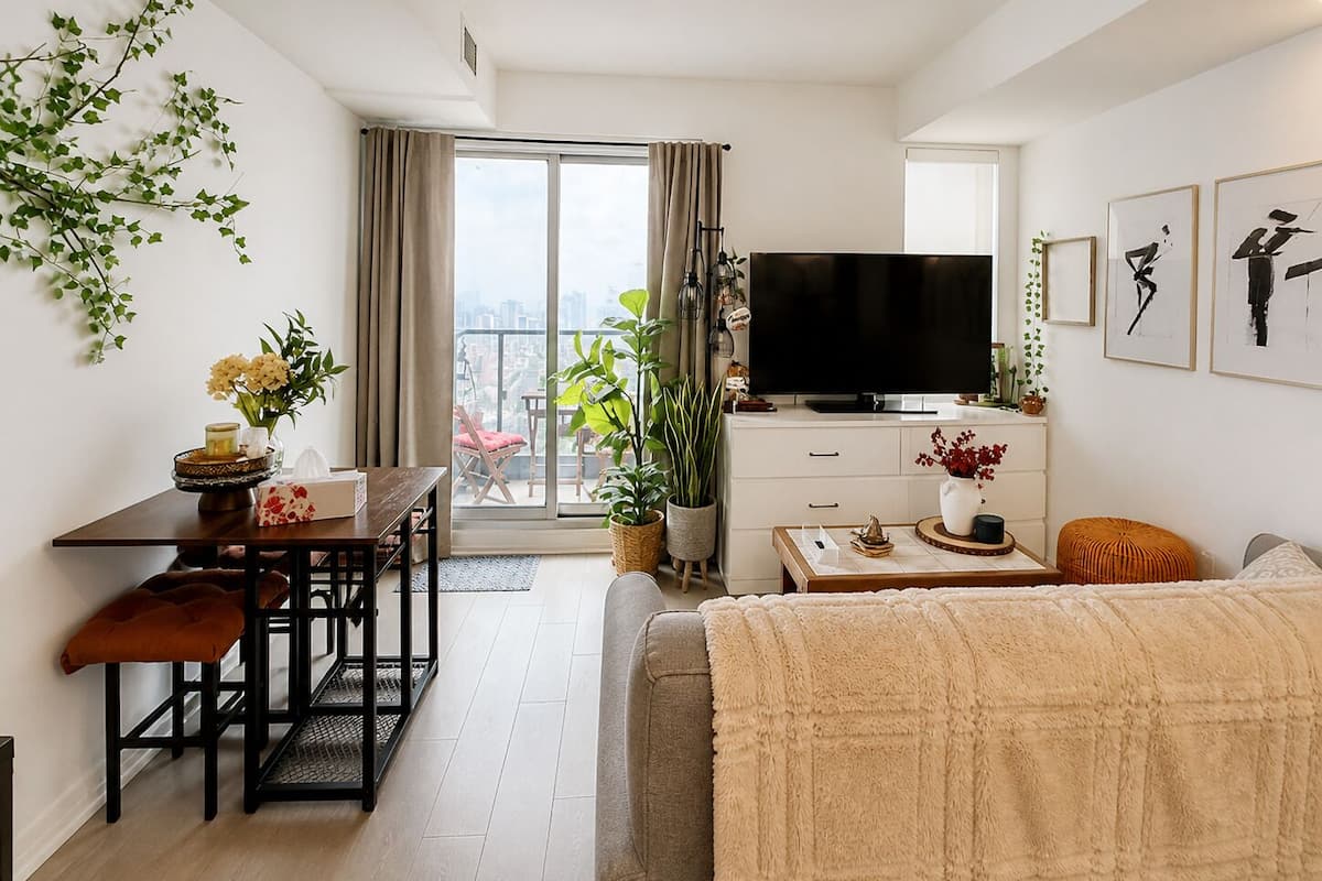 Suite junior, 1 cama Queen size, para no fumadores, baño privado | Área de sala de estar | Televisión de pantalla plana de 50 pulgadas con canales digitales