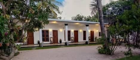 A building with a paved entrance, surrounded by greenery and palm trees.