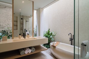 Executive Villa, 2 Bedrooms, Balcony, Partial Sea View | Bathroom | Hair dryer, slippers, bidet, towels