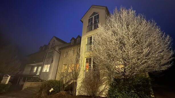 A multi-story building with a prominent tree in the foreground, a brick pathway, and a clear sky. - Gasthof zur Post Weiding (Weiding)
