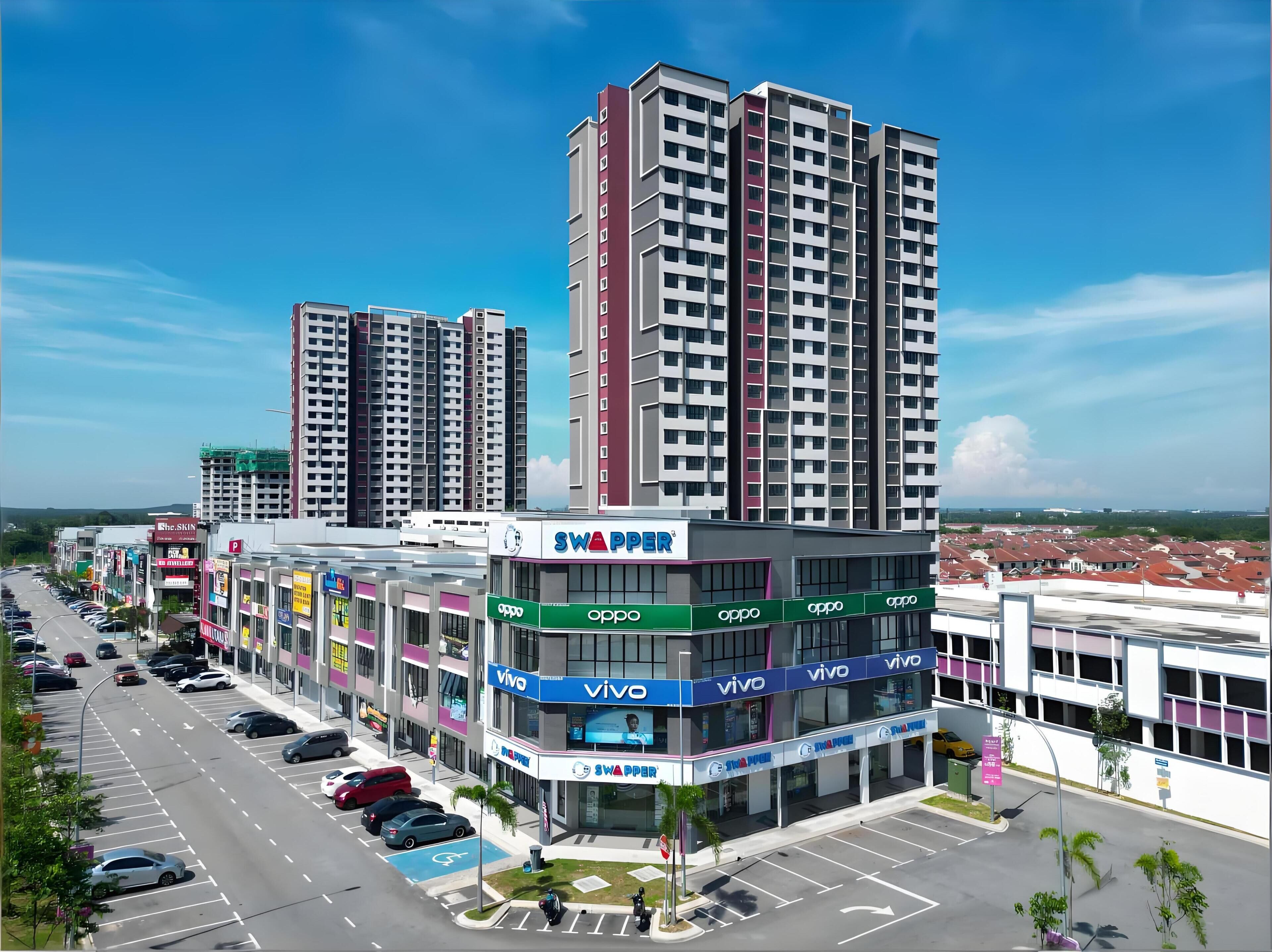 A commercial building with multiple floors, including a SWAPPER store and several 'OPPO' branded units.