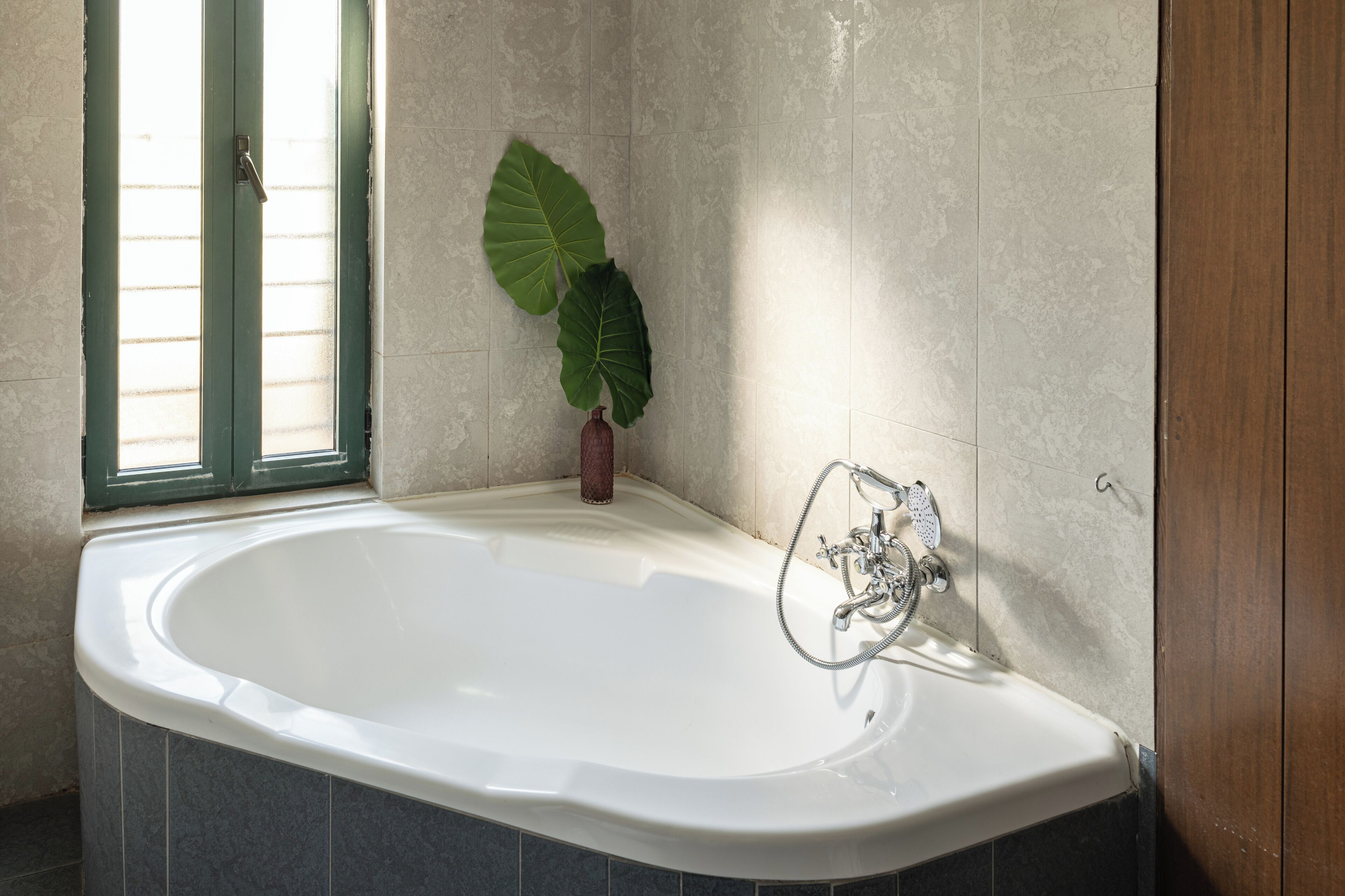 A bathroom with a bathtub, a green door, and a potted plant.