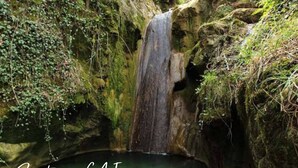 Uma cascata natural rodeada por vegetação.