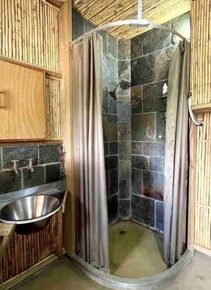 Shower, towels, soap, toilet paper