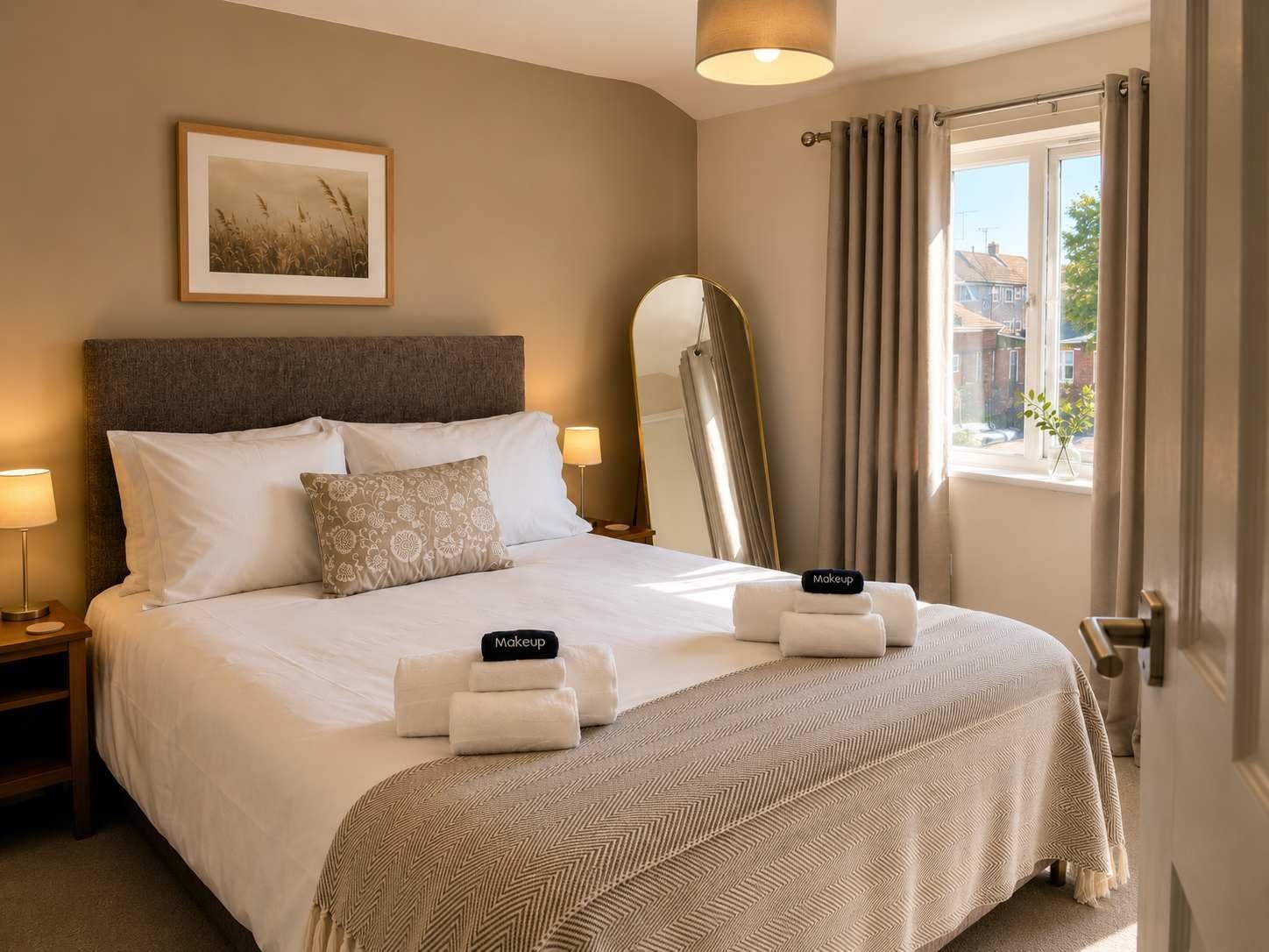 A neatly made bed with a headboard, a bedside lamp, a framed picture on the wall, and a window with curtains.