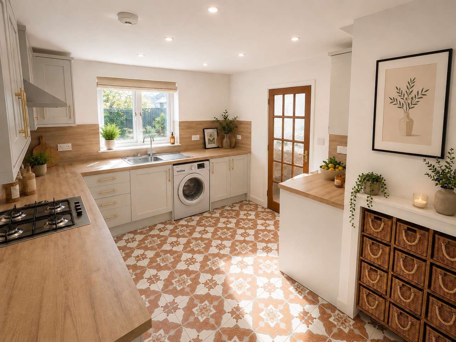 A kitchen with a washing machine, a sink, and a window with a view of greenery.