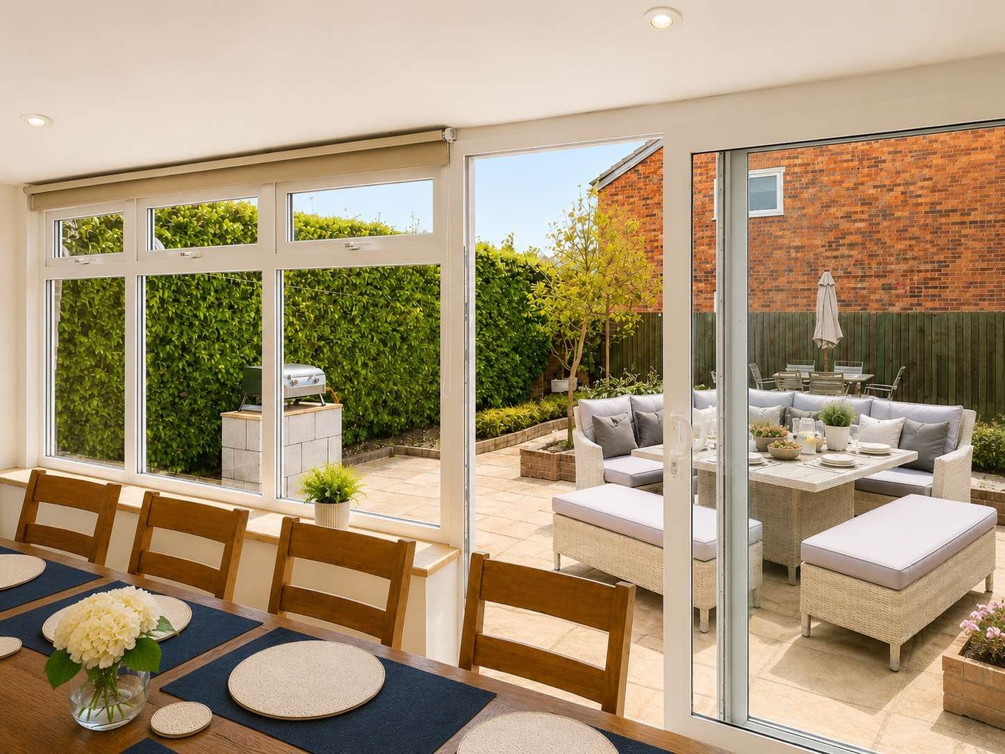 Un comedor con mesa dispuesta para cuatro, una parrilla afuera y un patio con mobiliario de exterior.