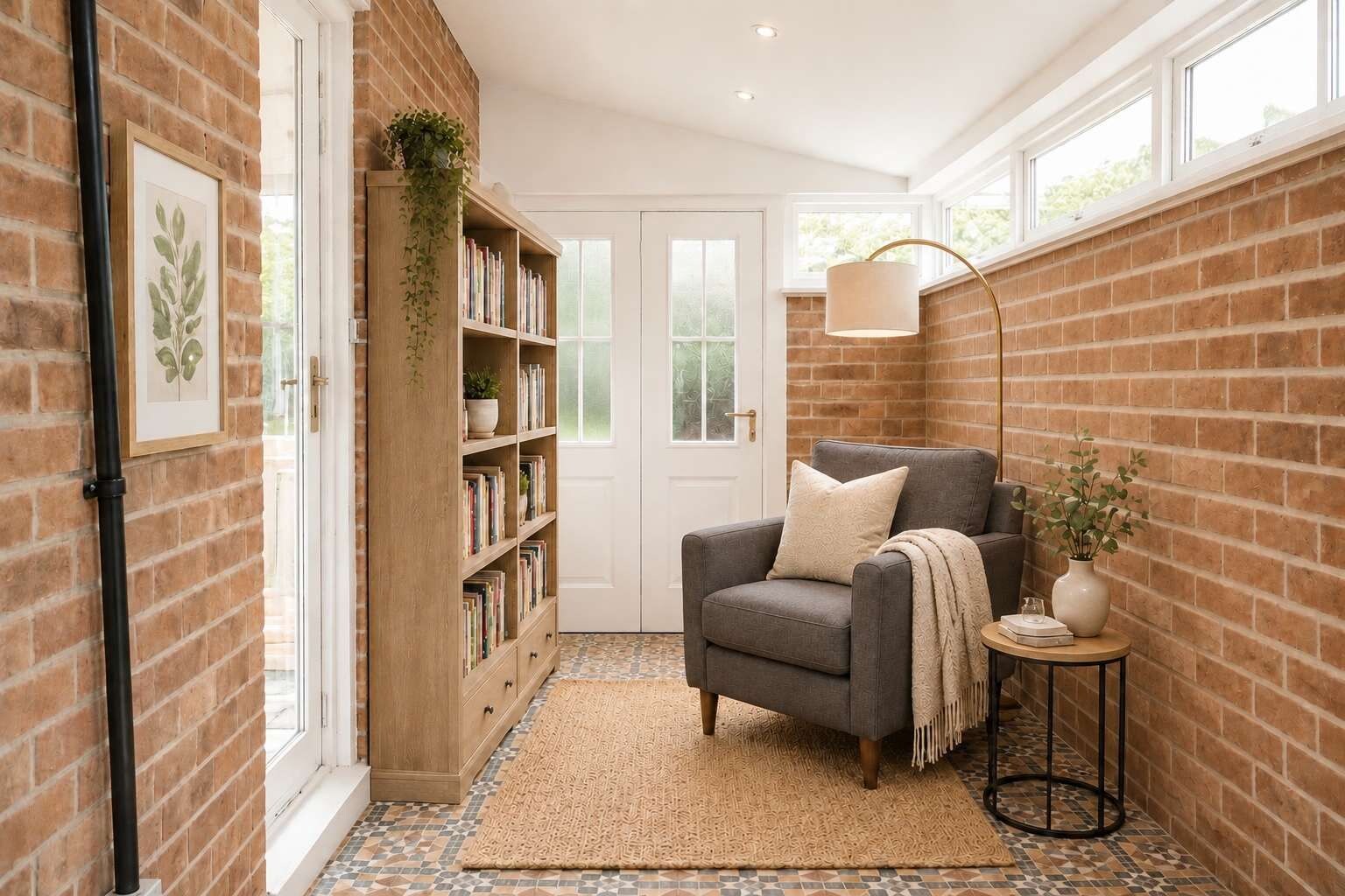 Un rincón acogedor para leer, con una estantería, un sillón cómodo, una mesita auxiliar y una lámpara de pie.